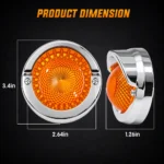 YFD Lighting amber round LED marker light dimensions showing 3.4-inch overall height, 2.64-inch width and 1.26-inch depth.