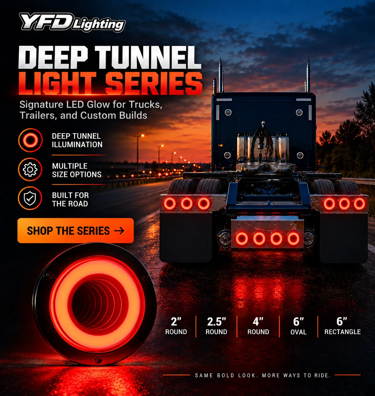 YFD Lighting Deep Tunnel LED Light Series mobile banner showing red deep tunnel lights with multiple size options for trucks, trailers and custom vehicle builds