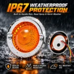 YFD Lighting IP67 waterproof amber LED marker light with chrome bezel designed for rain, road spray and all-weather vehicle use.