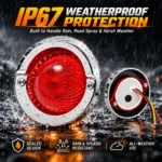 YFD Lighting IP67 waterproof red LED marker light with chrome bezel designed for rain, road spray and all-weather vehicle use.