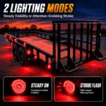 YFD Lighting red LED marker lights installed on a utility trailer with steady-on and strobe flash lighting modes.