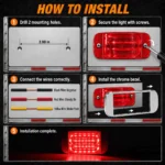 YFD Lighting red rectangular LED marker light installation guide with 2.98-inch mounting spacing, three-wire connection and chrome bezel