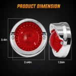 YFD Lighting red round LED marker light dimensions showing 3.4-inch overall height, 2.64-inch width and 1.26-inch depth.