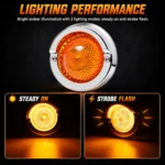 YFD Lighting round amber LED marker light with chrome bezel featuring steady-on and strobe flash lighting modes.