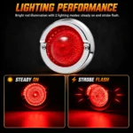 YFD Lighting round red LED marker light with chrome bezel featuring steady-on and strobe flash lighting modes.