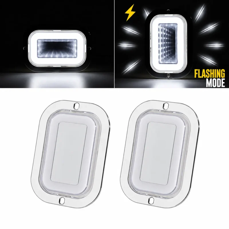YFD Lighting 2-pack white rectangular Deep Tunnel LED lights with chrome bezels and bright white LED glow for trucks and trailers.