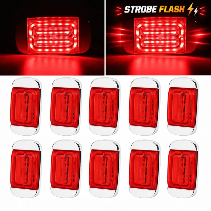 YFD Lights 10-pack red rectangular LED marker lights with chrome bezel and steady-on strobe flash modes for trucks and trailers