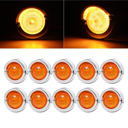 YFD Lights 10-pack round amber LED marker lights with chrome bezels and bright amber illumination for trucks and trailers.