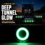 YFD Lighting 4-inch green deep tunnel LED tail lights installed on a semi truck for a bright tunnel glow effect