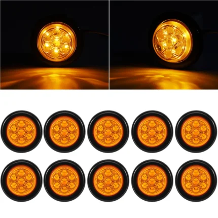 YFD Lighting ten amber 7-LED round marker lights with black rubber grommets, showing the circular lens design and steady-on amber illumination in front and angled views.