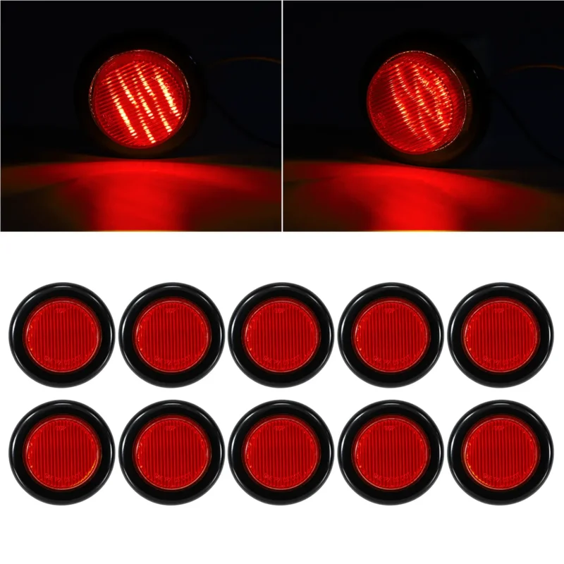 YFD Lights 10-pack red round LED marker lights with black rubber grommets, showing ten lights arranged in two rows and two steady-on red lighting views.