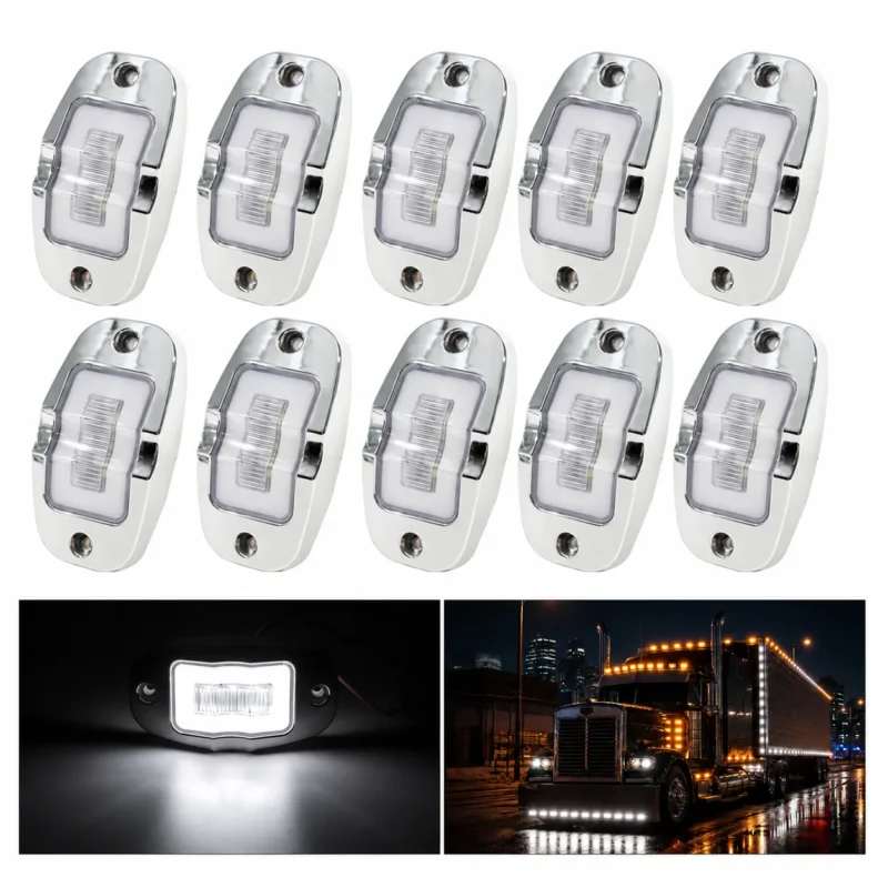 YFD Lighting 10-pack 4-inch white oval LED marker and clearance lights with chrome housings, featuring bright white illumination for trucks and trailers.