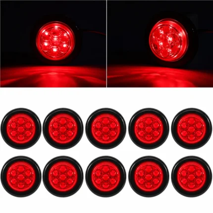 YFD Lighting ten red 7-LED round marker lights with black rubber mounting grommets, featuring front and angled views with steady-on red illumination.