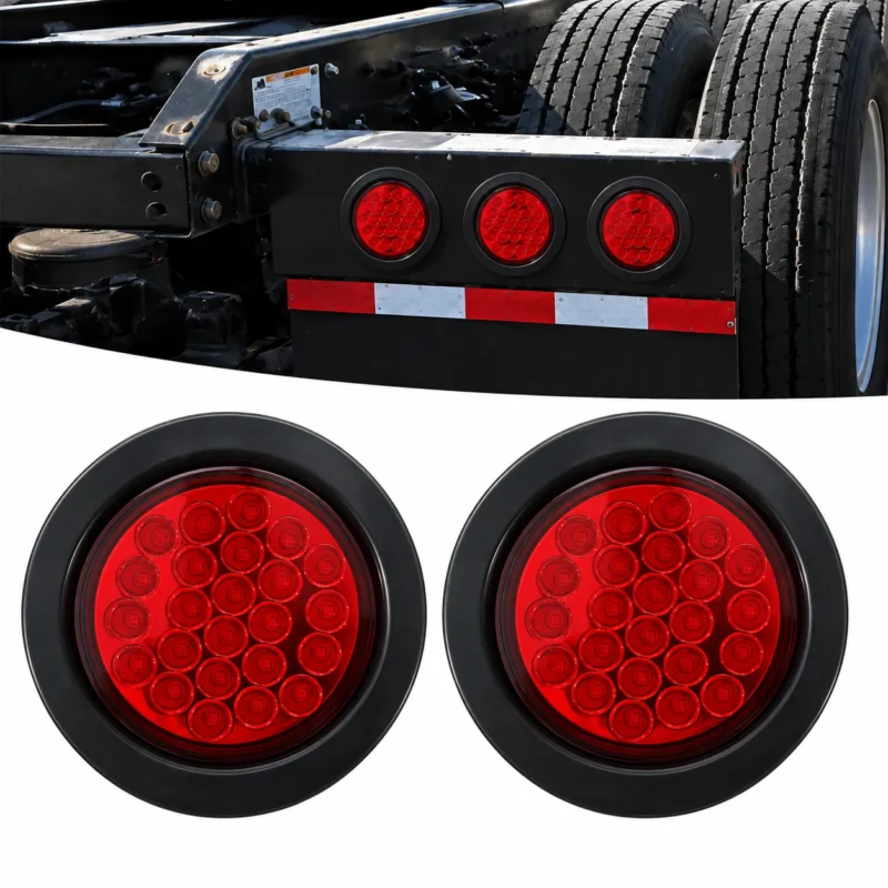 YFD Lighting 2-pack 4-inch round red 24-LED tail lights with black mounting bezels shown with three lights installed on a semi truck chassis