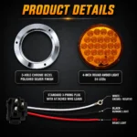 YFD Lighting 4-inch 24 LED amber round light with 3-hole chrome bezel, 3-prong plug and red black white wire leads