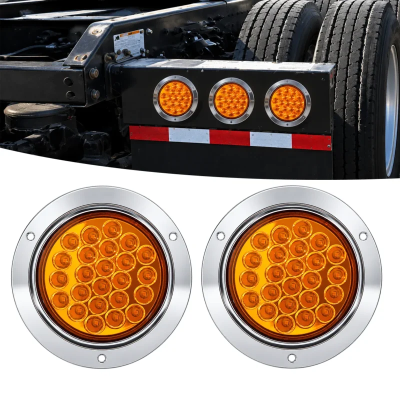 YFD Lighting 2-pack 4-inch 24 LED amber round lights with chrome bezels shown on a semi truck installation