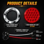 YFD Lighting 4-inch 24 LED red round light with 3-hole chrome bezel, 3-prong plug and red black white wire leads