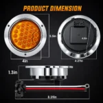 YFD Lighting 4-inch 24 LED amber round light with chrome bezel showing dimensions, rear housing and wire harness