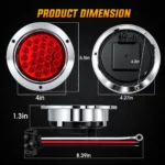 YFD Lighting 4-inch 24 LED red round light with chrome bezel showing dimensions, rear housing and wire harness