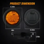 YFD Lighting 4-inch round amber 24-LED light dimensions with black mounting bezel and 3-prong rear connector