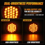 YFD Lighting 4-inch round amber 24-LED light with high and low brightness modes for improved truck and trailer visibility