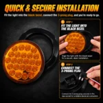 YFD Lighting 4-inch round amber LED light with black mounting bezel and 3-prong plug for quick truck and trailer installation