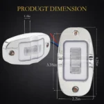 YFD Lighting white oval LED marker light with chrome housing showing 4.25-inch overall length, 2.2-inch width, 1.18-inch depth and 3.35-inch mounting hole spacing.