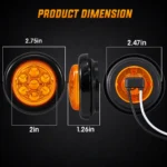 YFD Lighting amber 7-LED round marker light dimension diagram showing front, side and rear views, black rubber grommet, 2.75-inch outer diameter and 1.26-inch depth.