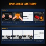 YFD Lighting amber 7-LED round marker light installation guide showing rubber grommet mounting and two-wire connection with black ground and white positive wires.