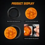 YFD Lighting amber 7-LED round marker light with black rubber mounting grommet, showing separate components and installation details for trucks and trailers.