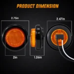 YFD Lighting amber round LED marker light dimension diagram showing 2.75-inch overall diameter, 2-inch lens, 1.26-inch depth, and rear two-wire connection.