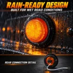 YFD Lighting amber round LED marker light with vertical ribbed lens and black rubber grommet illuminated in rain, with rear two-wire connection detail.