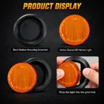 YFD Lighting amber round LED marker light with vertical ribbed lens and black rubber mounting grommet, showing separate components and press-fit installation.
