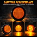YFD Lighting amber round LED marker light featuring a vertical ribbed lens, black rubber grommet, steady-on illumination, and warm amber light reflection.