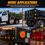 YFD Lighting amber round LED marker lights with black rubber grommets installed on flatbed trucks, dump trucks, pickup trucks, trailers, and buses.