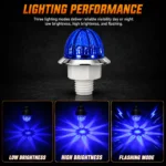 YFD Lighting Blue Mini Watermelon LED Marker Light showing three lighting modes: low brightness, high brightness, and blue flashing with radial starburst illumination.