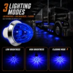 YFD Lighting Blue Mini Watermelon LED Marker Lights installed on a black semi truck and trailer, displaying blue starburst ground lighting and three brightness and flashing modes.
