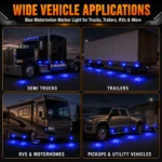 YFD Lighting Blue Mini Watermelon LED Marker Lights installed on semi trucks, trailers, RVs, motorhomes, and pickup trucks with bright blue decorative lighting effects.
