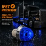 YFD Lighting IP67 Waterproof Blue Mini Watermelon LED Marker Light with a sealed housing, chrome bezel, transparent blue lens, and bright blue illumination in rainy truck conditions.