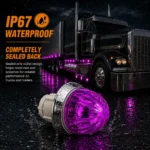 YFD Lighting IP67 Waterproof Purple Mini Watermelon LED Marker Light with Chrome Bezel and Sealed Housing Shown in Heavy Rain Beside a Semi Truck