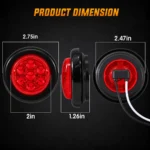 YFD Lighting red 7-LED round marker light dimension diagram showing front, side and rear views, 2-inch light body, black rubber mounting grommet and two-wire connection.