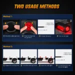 YFD Lighting red 7-LED round marker light installation guide showing rubber grommet mounting and two-wire connection with black ground wire and white positive wire.