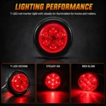 YFD Lighting red 7-LED round marker light with steady-on illumination, transparent red lens, black rubber grommet and bright red light reflections.
