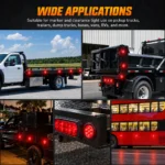 YFD Lighting red 7-LED round marker lights shown on trucks, trailers, flatbeds, dump trucks and commercial vehicles for rear marker lighting applications.