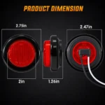 YFD Lighting red round LED marker light dimensions showing 2.75-inch overall diameter, 2-inch lens, 1.26-inch depth, 2.47-inch rear measurement, and two-wire connection.