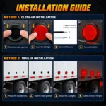 YFD Lighting red round LED marker light installation guide showing rubber grommet mounting, two-wire connection, and steady-on operation on commercial trailers.