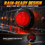 YFD Lighting red round LED marker light with vertical ribbed lens and black rubber grommet illuminated in rainy conditions, showing rear two-wire connection details.