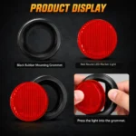 YFD Lighting red round LED marker light with transparent vertical ribbed lens and black rubber mounting grommet, showing separate components and press-fit installation.