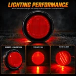 YFD Lighting red round LED marker light with vertical ribbed lens and black rubber grommet, featuring steady-on red illumination and natural red light reflection.