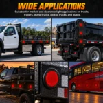 YFD Lighting red round LED marker lights with black rubber grommets installed on flatbed trucks, dump trucks, pickup trucks, commercial trailers, and buses.